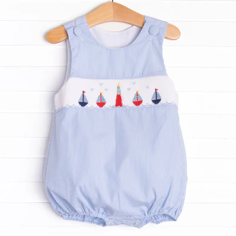 Beach Beacon Blue Smocked Bubble Romper For Girls 1