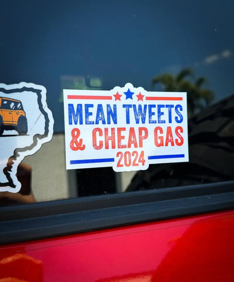 ‘Mean Tweets & Cheap Gas’ Humor Sticker – Universal Size And Design 1