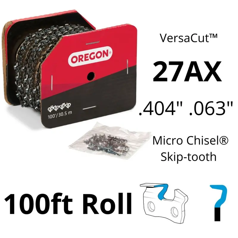 Oregon 27Ax Versacut Skip-Tooth Chain – 100Ft, .404" Pitch, .063" Gauge, Micro Chisel 1