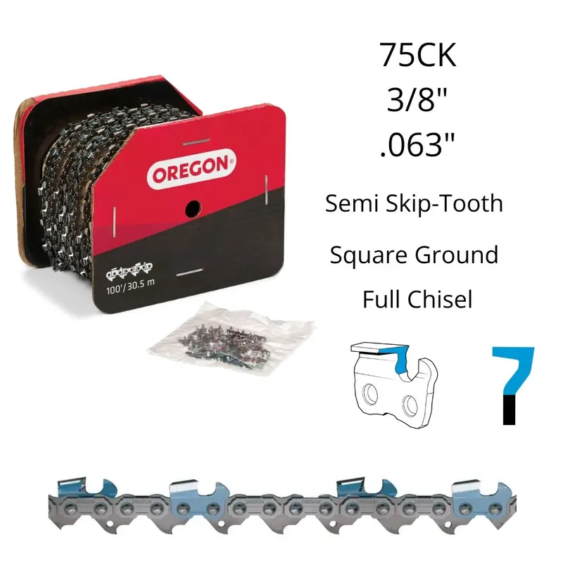 Oregon 75Ck Powercut Semi-Skip Chain – 100Ft, 3/8" Pitch, .063" Gauge, Square-Ground Full Chisel 1