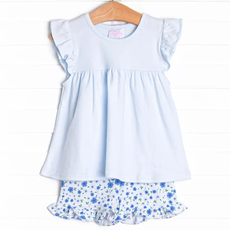 Pale Blooms Blue Short Set With Matching Top 1