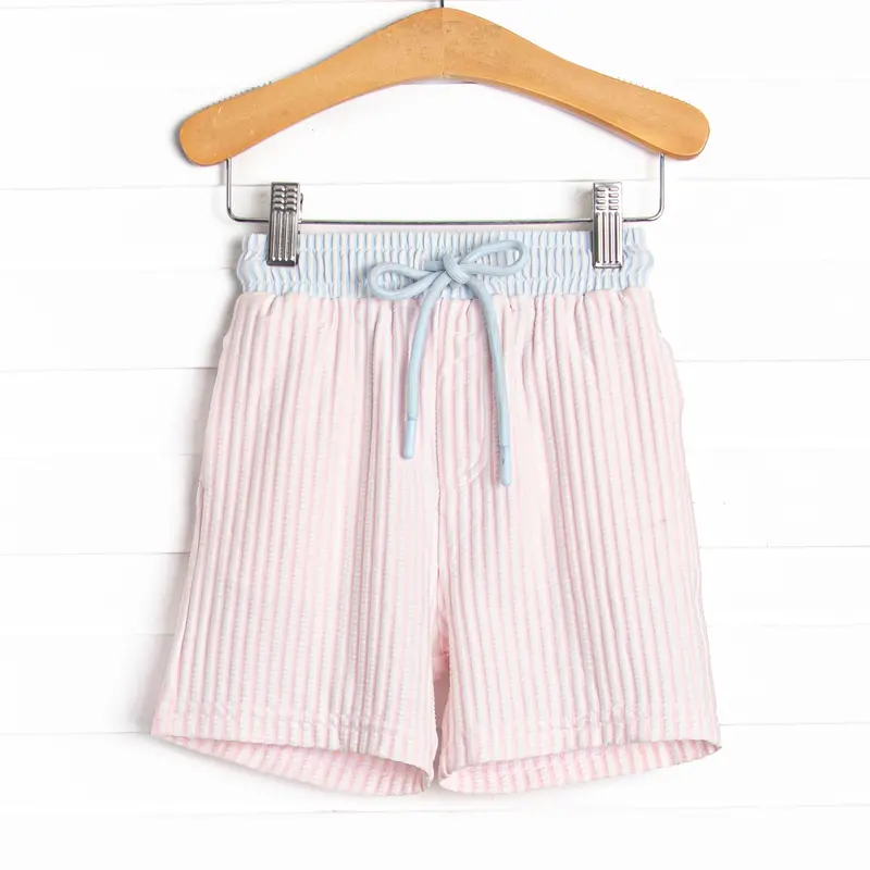 Sandy Shore Blue And Pink Seersucker Swim Trunks For Boys 1