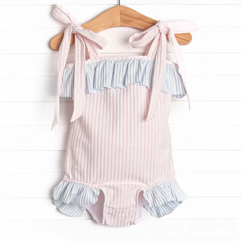 Sandy Shore Seersucker One-Piece Swimsuit – Blue & Pink 1