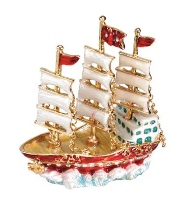 Three-Mast White Sails Jeweled Box – Decorative Treasure Chest With Nautical Motif 1
