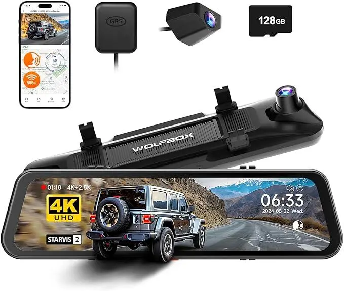Wolfbox G900 Pro Dual-Resolution Dash Cam Mirror: 4K Front + 2.5K Rear, Touchscreen, Universal Fit 1
