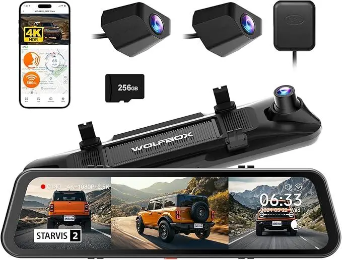 Wolfbox G900 Tripro Bumper-Mounted 3-Channel 4K Mirror Dash Cam With Starvis 2 Imx678, Night Vision, 5.8Ghz Wifi & Voice Control (Includes 256Gb Card & Gps) 1