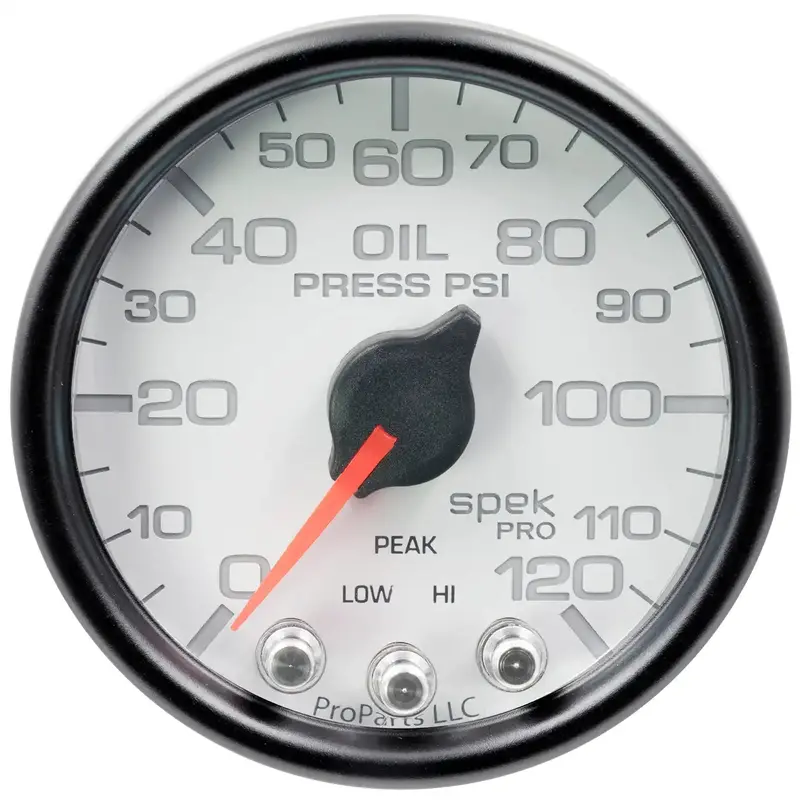 Autometer P32512 Oil Pressure Gauge – 2-1/16", 120 Psi, Stepper Motor With Peak Hold & Warning, White/Black Dial 1